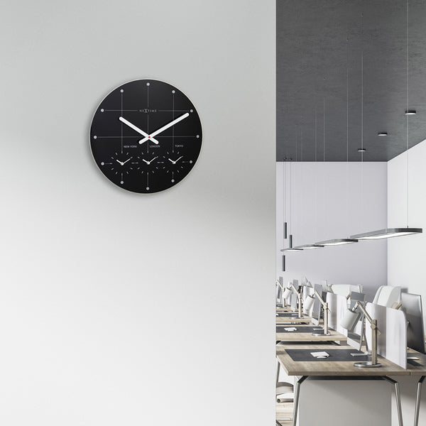 NeXtime NE-8197ZW Wereldtijden Klok - Stille Wandklok - 43cm - Zwart - Glazen Klok - - "Big City"