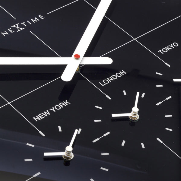 NeXtime NE-8197ZW Wereldtijden Klok - Stille Wandklok - 43cm - Zwart - Glazen Klok - - "Big City"