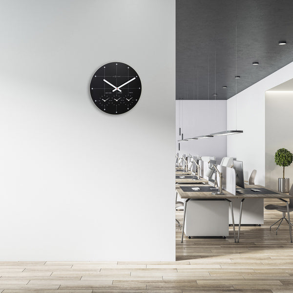 NeXtime NE-8197ZW Wereldtijden Klok - Stille Wandklok - 43cm - Zwart - Glazen Klok - - "Big City"