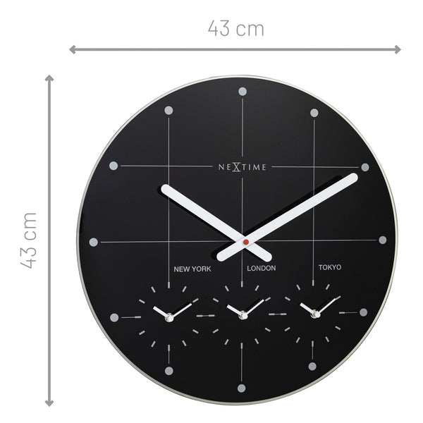 NeXtime NE-8197ZW Wereldtijden Klok - Stille Wandklok - 43cm - Zwart - Glazen Klok - - "Big City"