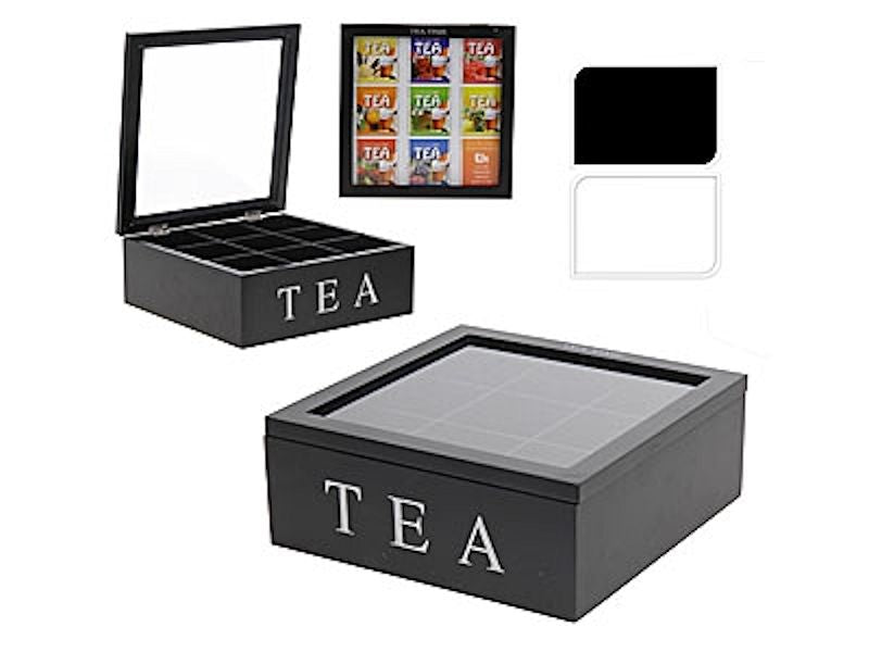 Theedoos 9-vaks zwart hout 23x23x9cm