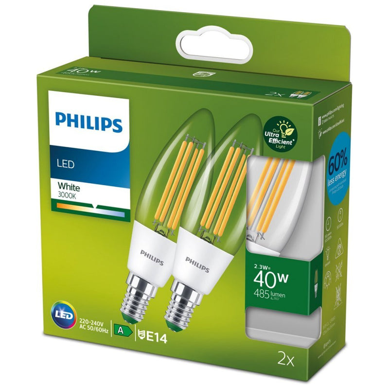 Philips Ultra Efficient LED Kaarslamp 40W E14 Wit Licht 2 Stuks
