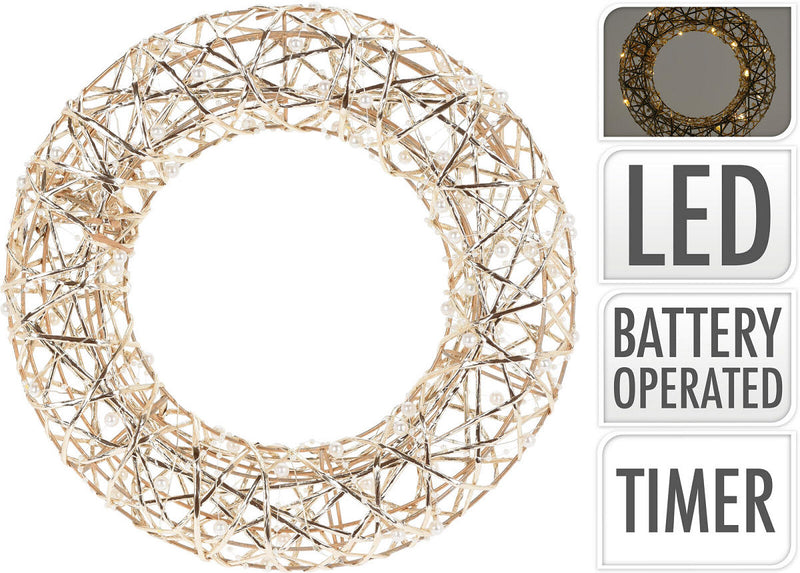 Deco Krans 20LED 30cm met parels - Goud