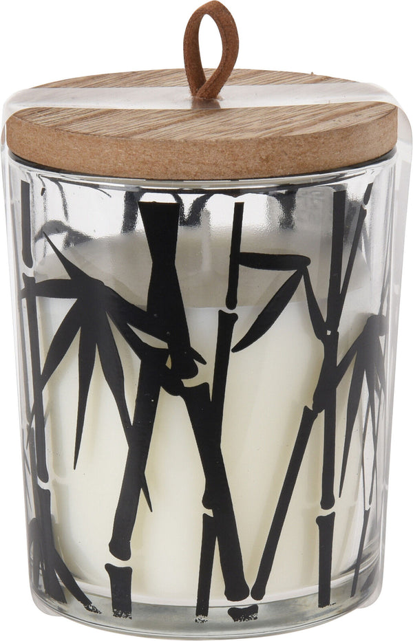 Kaars in glasen pot m. palm print en houten deksel  17.5x6cm