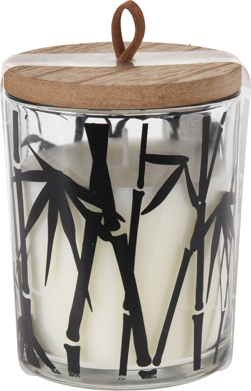 Kaars in glasen pot m. palm print en houten deksel  17.5x6cm