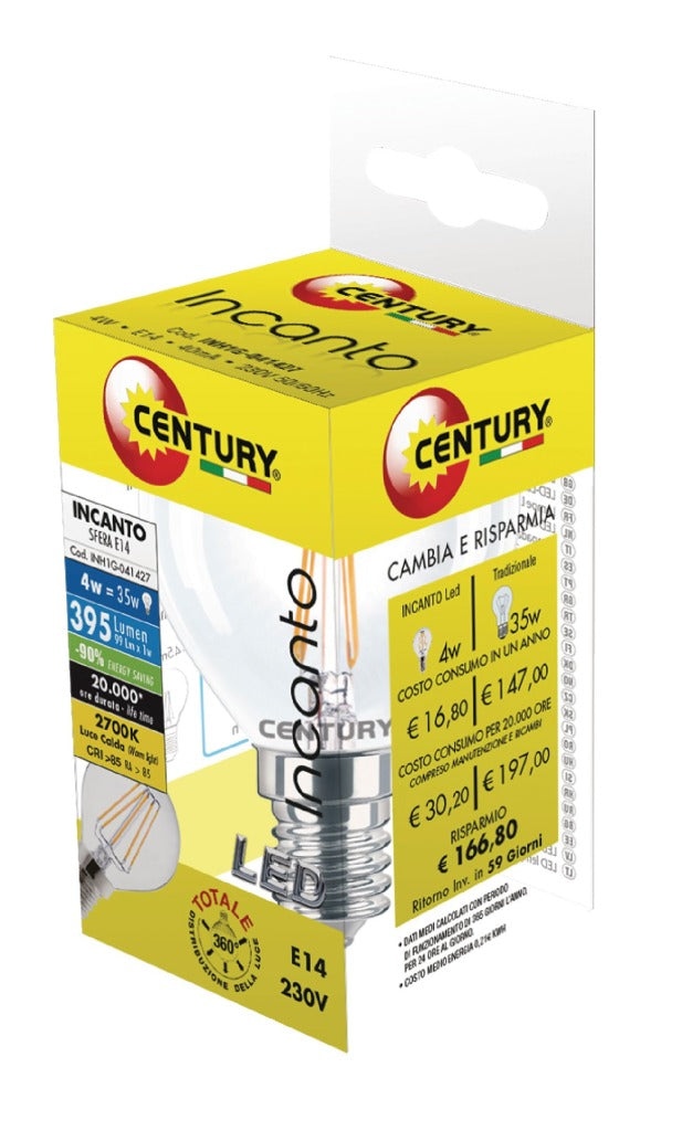 Century INH1G-041427 Filament Incanto Led Lamp Globe 4w E14 2700k 395 Lumen