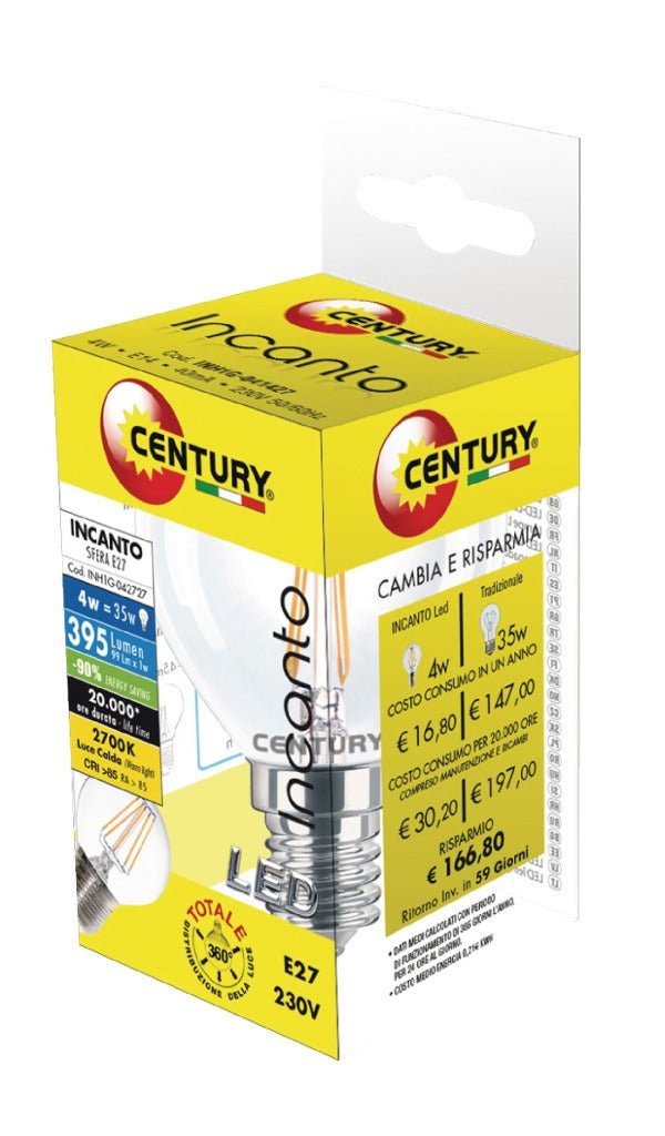 Century INH1G-042727 Filament Incanto Led Lamp Globe 4w E27 2700k 395 lumen