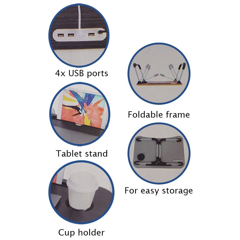 Laptoptafel - met USB poorten - 60 x 40 x 27 cm - grijs