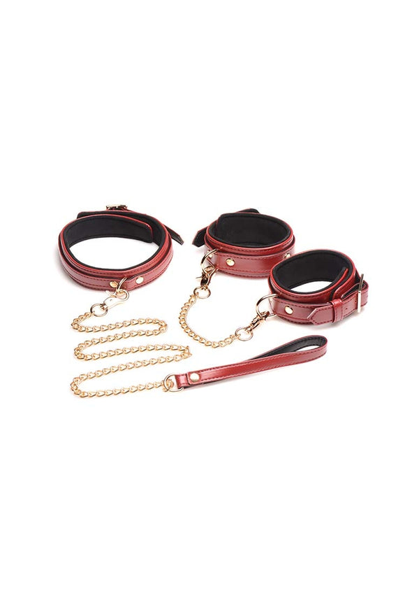 6-delige bordeaux bondage set met cuffs, halsband en riem