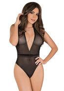 Diepe Plunge Teddy met Snap Crotch - Zwart