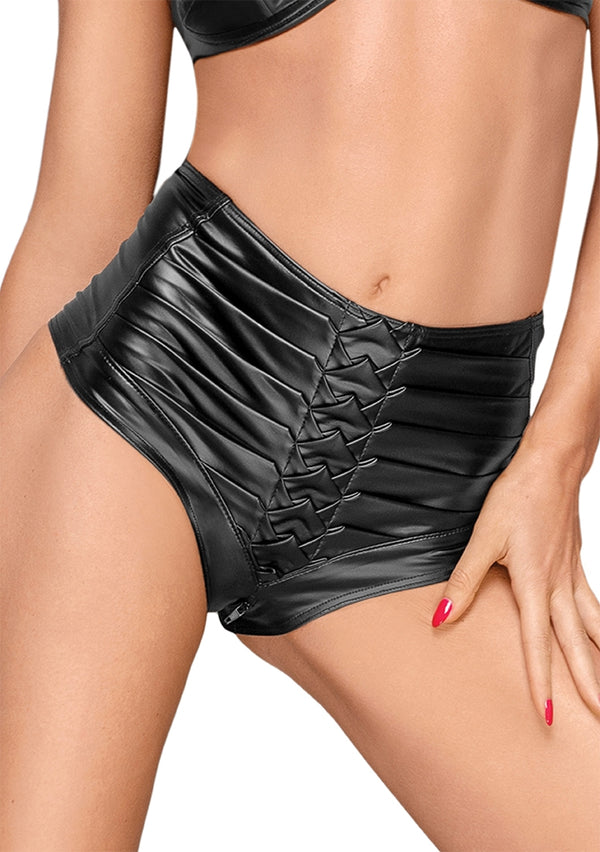 High waist wetlook shorts with handmade pleats  - Black - S