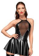 Wetlook flared mini dress with embroided cross - Black - S