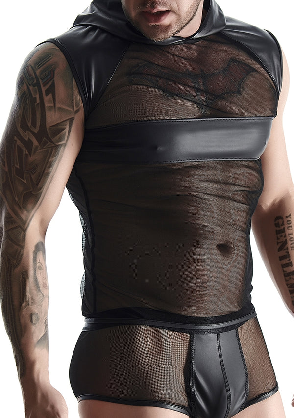 Wetlook & mesh Heren mouwloos - Zwart