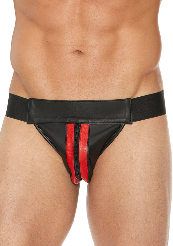 Striped Front With Zip Jock - Leather - Black/Red - L/XL - L/XL