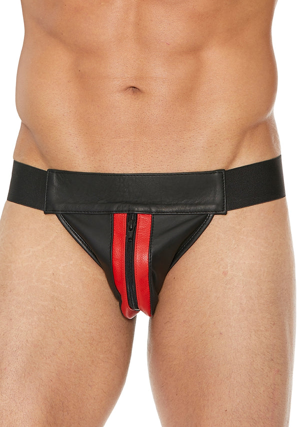 Striped Front With Zip Jock - Leather - Black/Red - S/M - S/M