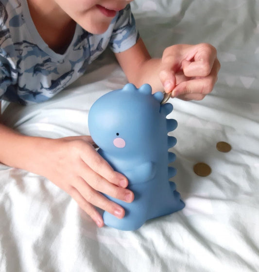 spaarpot T-Rex 16 cm PVC blauw
