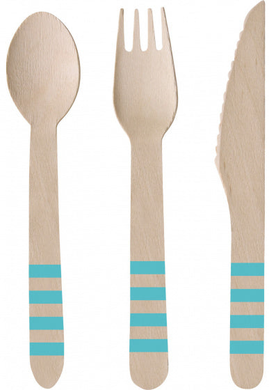 wegwerpbestek 16,5 cm hout bruin/blauw 24 stuks
