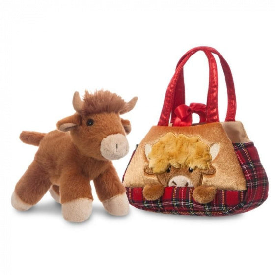 knuffelkoe in tas meisjes 20,5 cm pluche bruin/rood