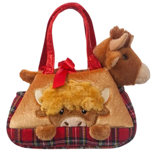 knuffelkoe in tas meisjes 20,5 cm pluche bruin/rood