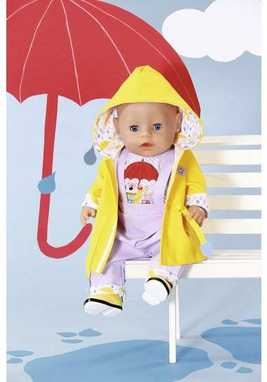 poppenkleding Regen geel/paars 4-delig