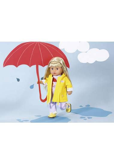 poppenkleding Regen geel/paars 4-delig