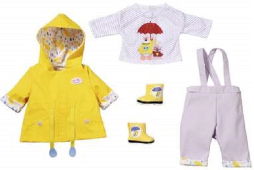 poppenkleding Regen geel/paars 4-delig