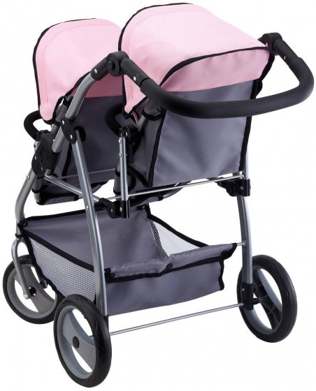 Poppenwagen Bayer tweelingen grijs/roze Poppenwagen Bayer