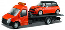 Mini Cooper S met Flatbed transporter 1:43 oranje
