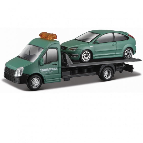 schaalmodel Ford Focus St + Flatbed Transporter 1:43 groen