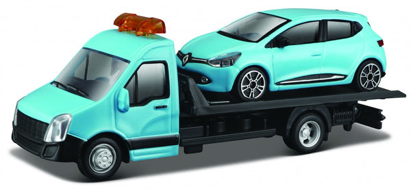 schaalmodel Renault Clio + Flatbed Transporter 1:43 blauw
