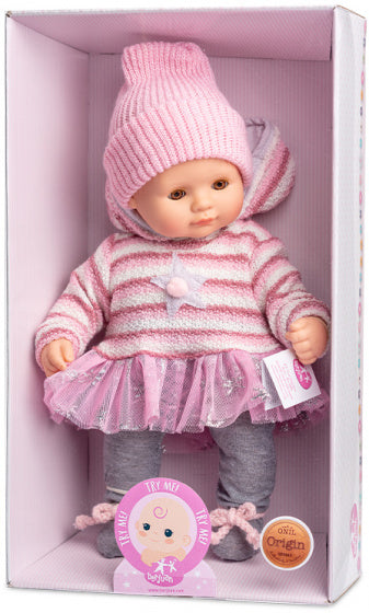 babypop 34 cm meisjes vinyl/textiel roze/wit/grijs