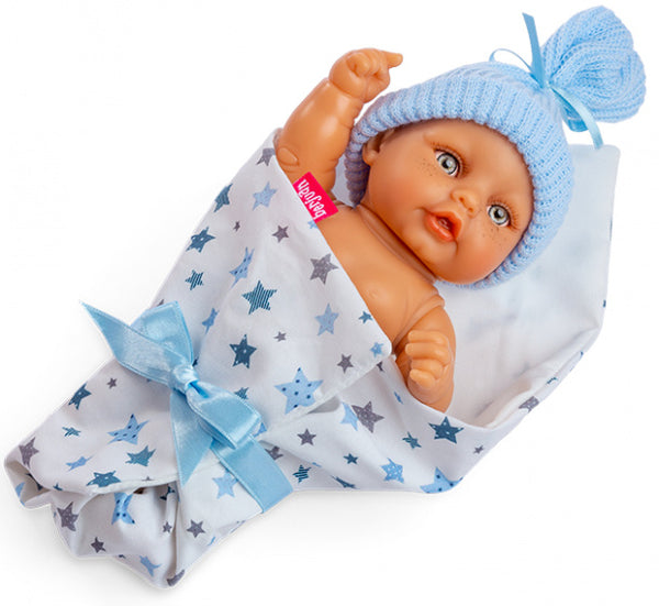 babypop met slaapzak meisjes 25 cm wit/blauw 4-delig