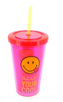 drinkbeker met rietje Smiley 500 ml roze/geel