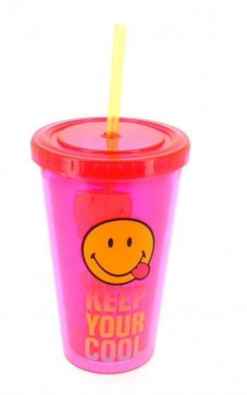drinkbeker met rietje Smiley 500 ml roze/geel