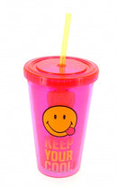 drinkbeker met rietje Smiley 500 ml roze/geel
