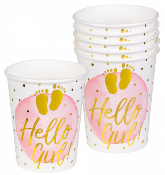 feestbekers Hello Girl! meisjes papier wit/roze 6 stuks