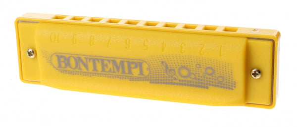 mondharmonica in opbergdoos 10 tonen 10 cm geel