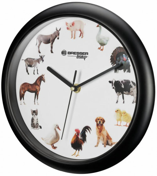 wandklok dierengeluiden junior 25 cm zwart