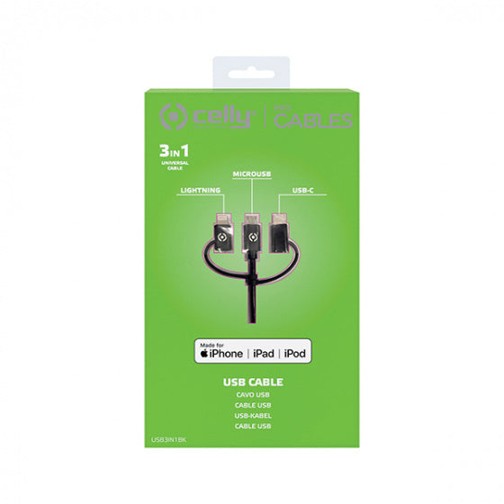 datakabel 3-in-1 micro-USB + MFI + USB-C 100 cm zwart