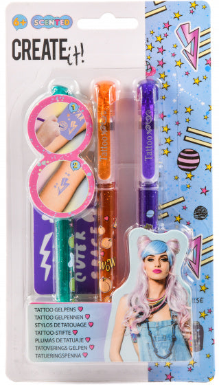 gelpennen Tattoo meisjes groen/oranje/paars 4-delig