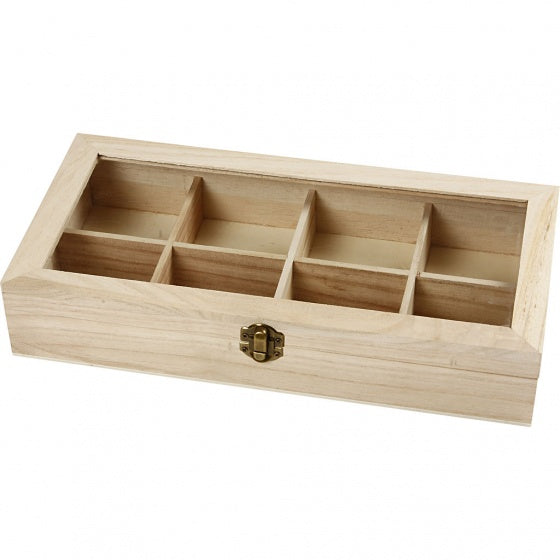 doos met glazen deksel hout 32 x 16 cm blank 8-vaks