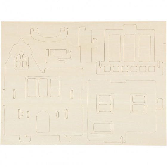 3D houten set huis met balkon 15,8 x 17,5 x 19,5 cm