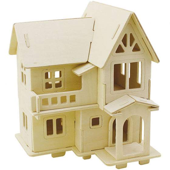 3D houten set huis met balkon 15,8 x 17,5 x 19,5 cm