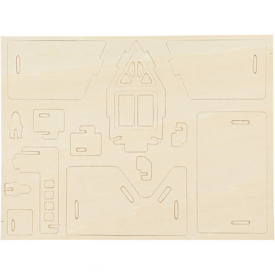 3D houten set huis met balkon 15,8 x 17,5 x 19,5 cm