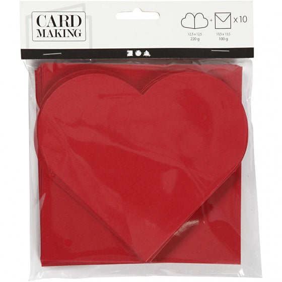 hartvormige kaarten met envelop 12,5 x 12,5 cm 10 sets rood