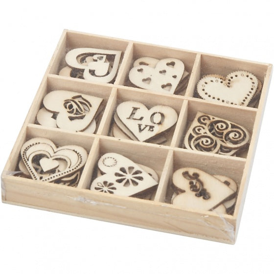 houten harten 2,8 cm blank set 45 stuks