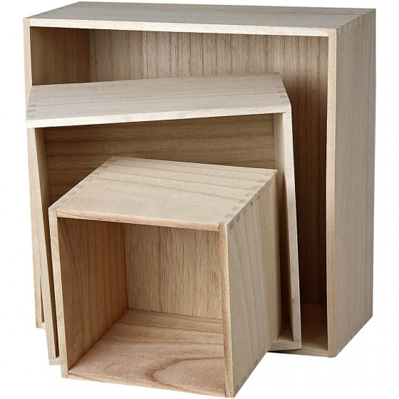 houten voorraaddozen vierkant 15/21/28 cm blank 3 stuks