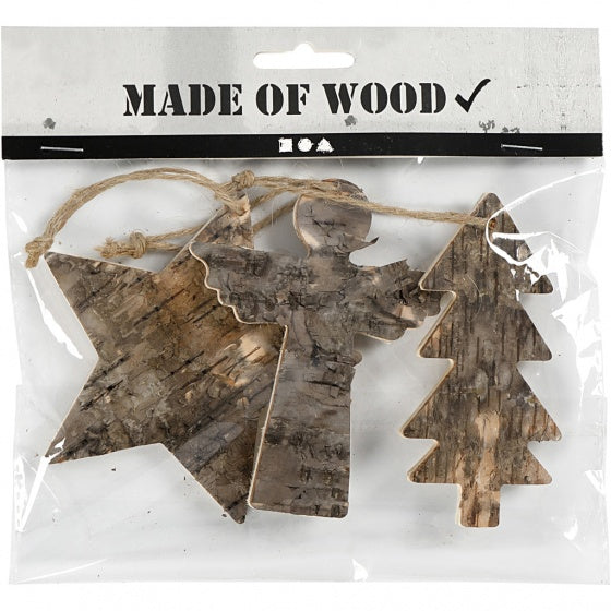 kerstornamenten hout 10 cm 3-delig