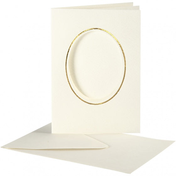 Passepartout kaarten ovaal met envelop 15 cm wit/goud