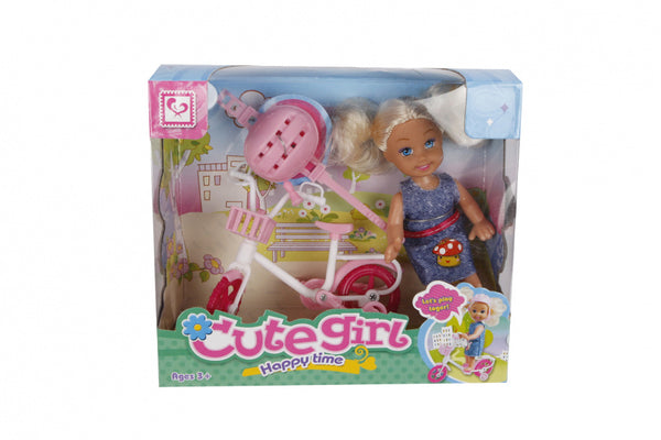 pop met fiets meisjes 10 cm roze 3-delig
